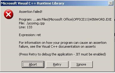 Assertion Failed in Microsoft Word