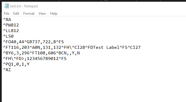 Criando um rótulo de teste em codificação ZPL bruta usando o