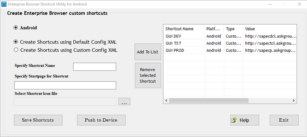 Enterprise Browser and EHS Shortcuts Link on Display