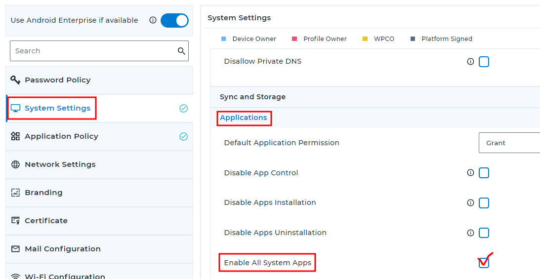 42Gears SureMDM: habilite aplicaciones del sistema para Android Enterprise