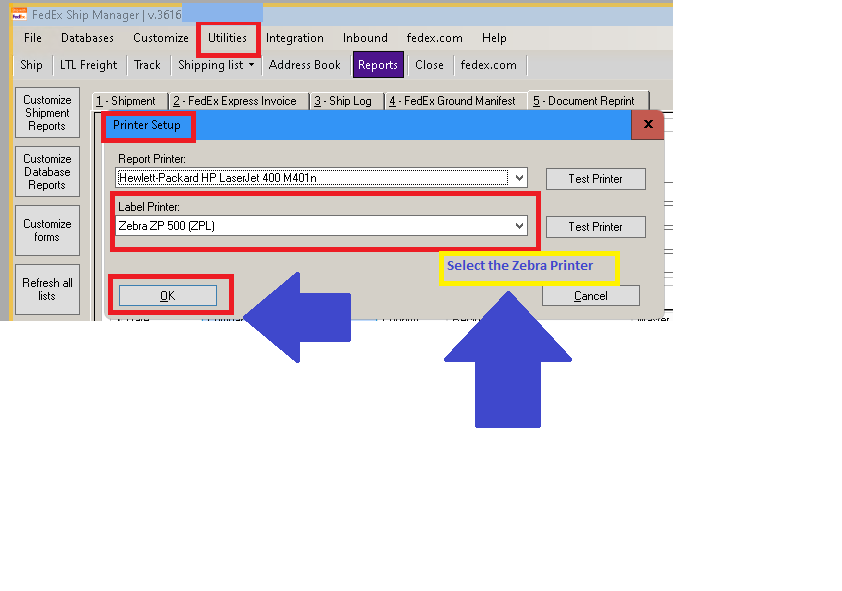 Printer Set Up ZP500: Not Responding to FedEx Ship Manager on