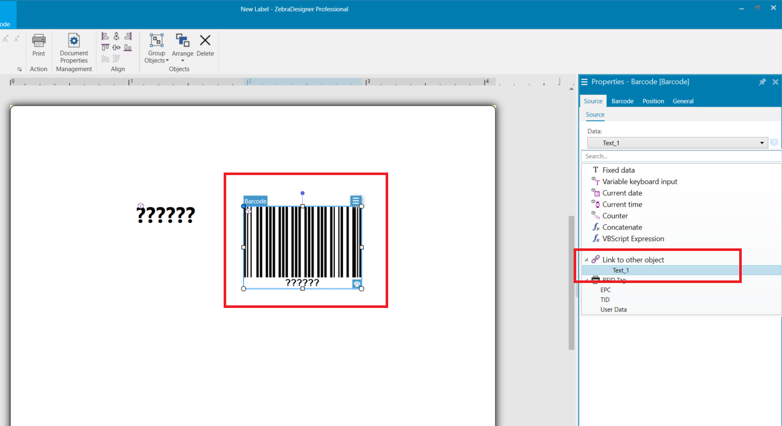 Linking Two Fields of Text or Barcode Together to Print Using