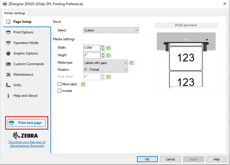 Print Windows Test Label and Printer Configuration Label Using