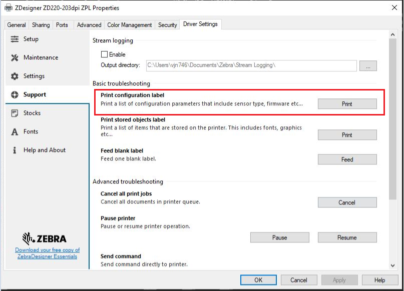 Print Windows Test Label and Printer Configuration Label Using