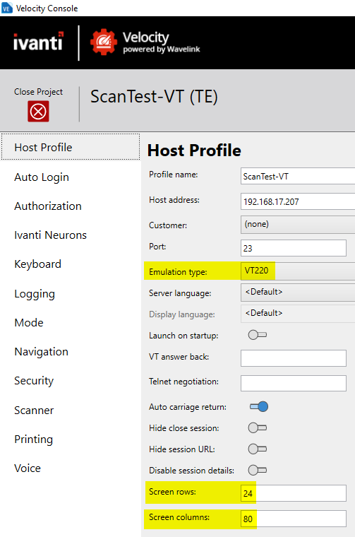 Velocity: Adjust Screen Rows And Columns for VT Emulation