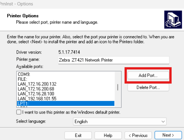 Instalando uma impressora Zebra de rede usando os utilitários de