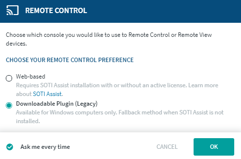 Wtyczka SOTI Legacy Remote Control wielokrotnie wyświetla monit o ...