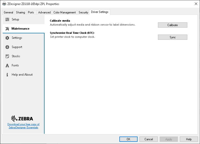 ZDesigner Driver: Printer Properties