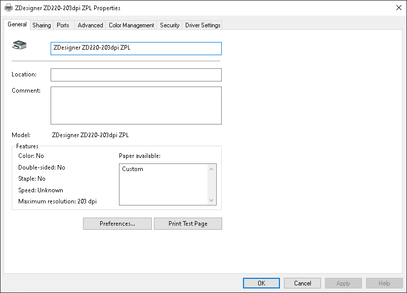 Driver ZDesigner: Propriedades da impressora