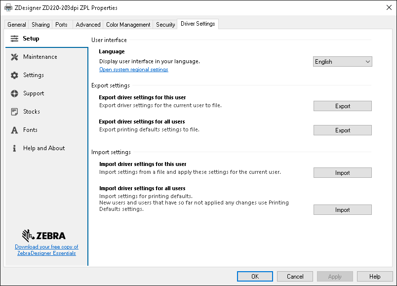 Driver ZDesigner: Propriedades da impressora