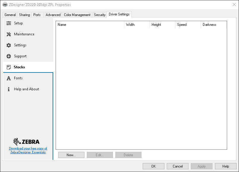 Driver ZDesigner: Propriedades da impressora