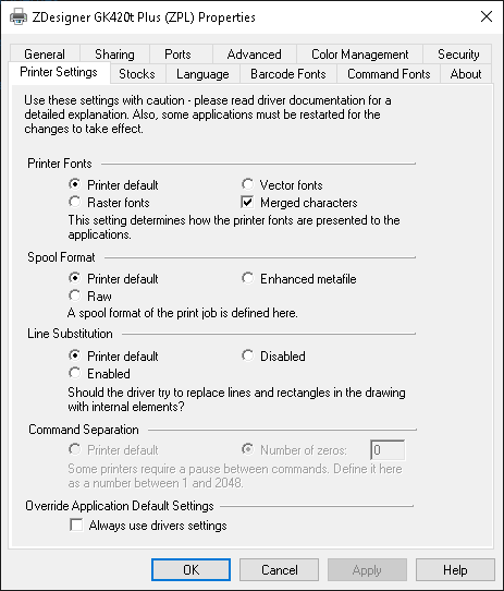 Driver ZDesigner: Propriedades da impressora