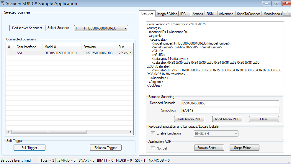 スキャナー Windows SDK を使用するための Bluetooth 経由の RFD8500 SSI