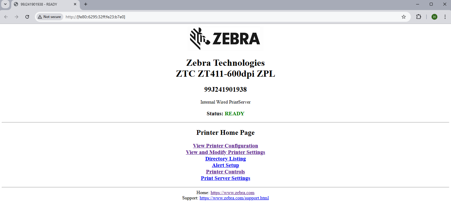 Unable to Access Zebra Printer Web Connfiguration on IPv6