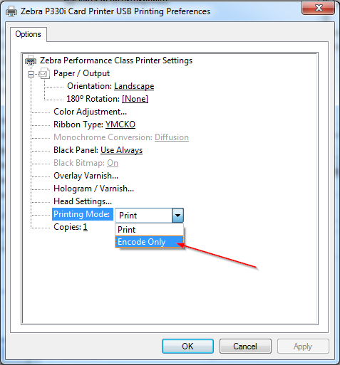 Setting Zebra Card Printer to Only Encode and Not Print