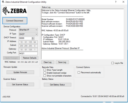 EA3600 het Zebra Industrial Ethernet configuratiehulpprogramma ...