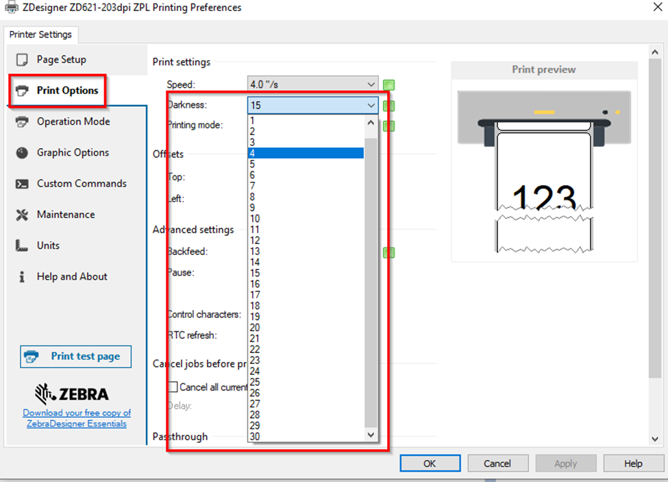 Setting Darkness and Speed with ZDesigner Driver V8 or V10