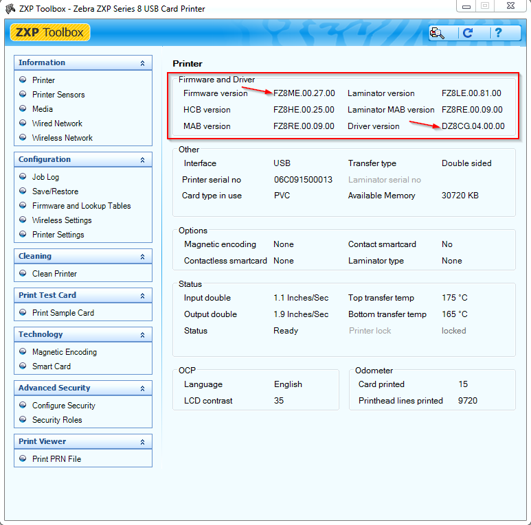 Verificando a versão do driver e do firmware para impressoras de
