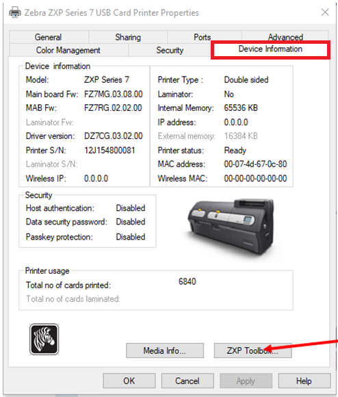 ZXP ToolBox ユーティリティを使用して ZXP Series 7 プリンタで