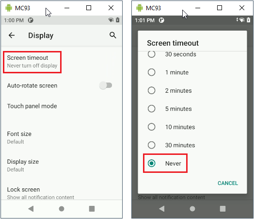 StageNow Barcode to Set Screen Timeout to Never Turn Off Display