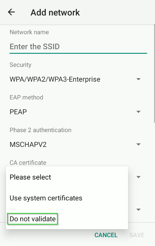 Crear conexión PEAP-MSCHAPv2 como 'No validar' para Android 11