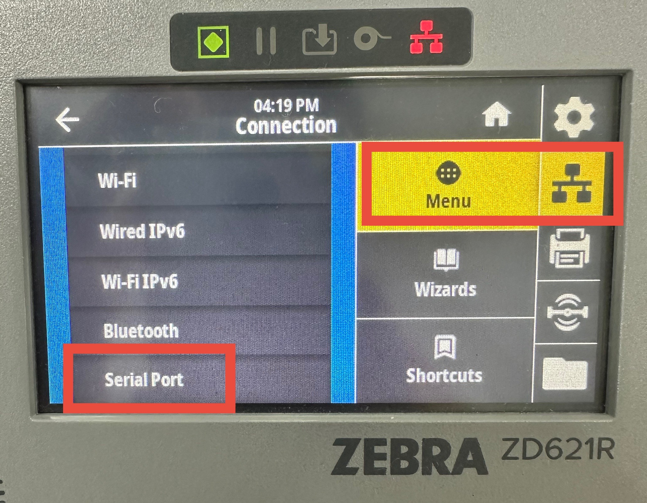 Configuring Printer's Serial Port Setting via Printer's LCD Touchscreen