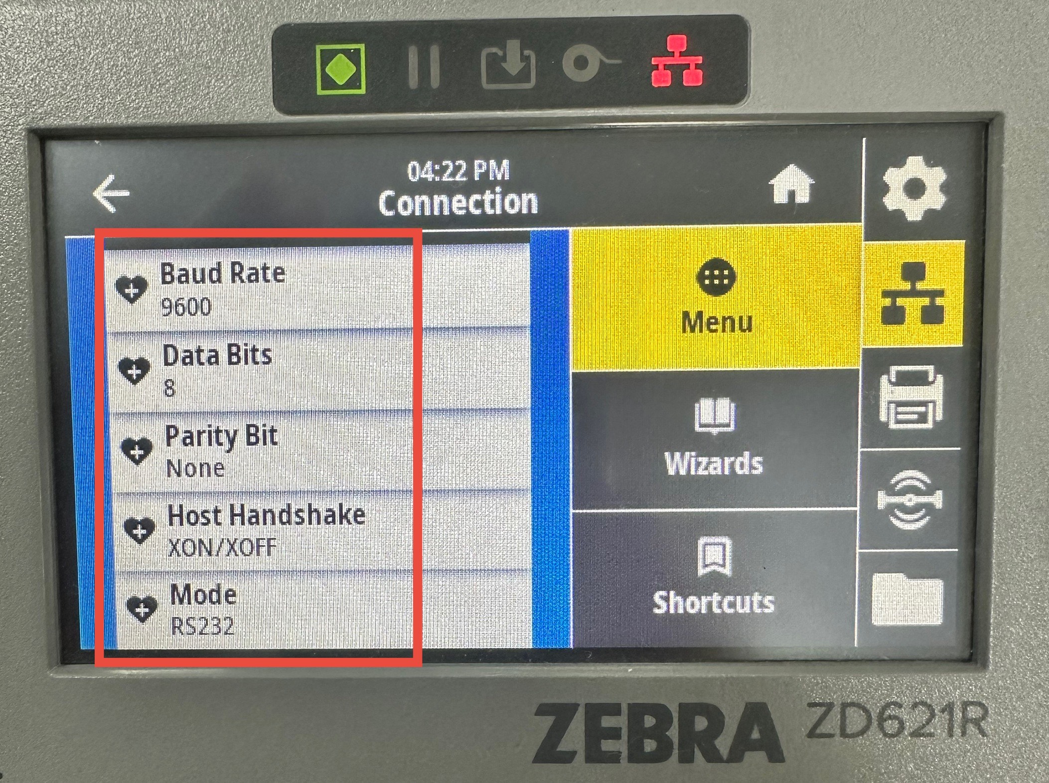 Configuring Printer's Serial Port Setting via Printer's LCD Touchscreen
