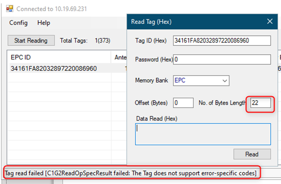 Lesen des Tags im .net SDK fehlgeschlagen
