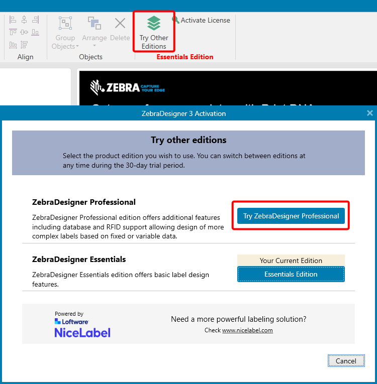 Schritte zum Aktivieren der 30-tägigen Testphase von ZebraDesigner 3 ...