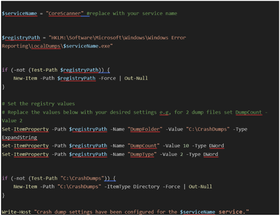 Crear volcados de memoria para el servicio Zebra CoreScanner