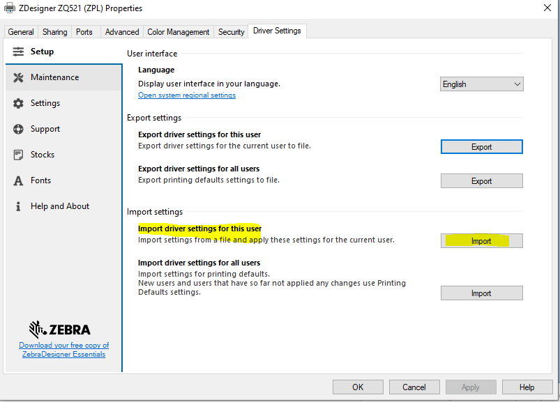 Export or Import Driver Settings on ZDesigner Driver V8
