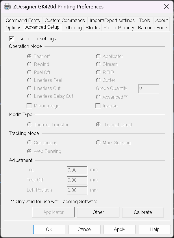 ZDesigner ドライバー v10 および v5: プリンターで設定された設定とドライバーで設定された設定