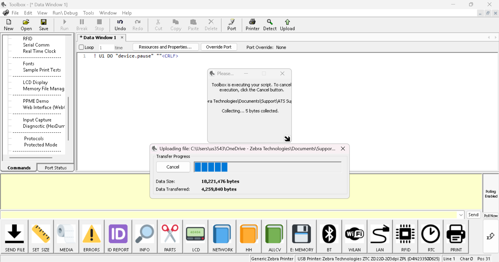 Toolbox: invio di file e comandi direttamente alla stampante