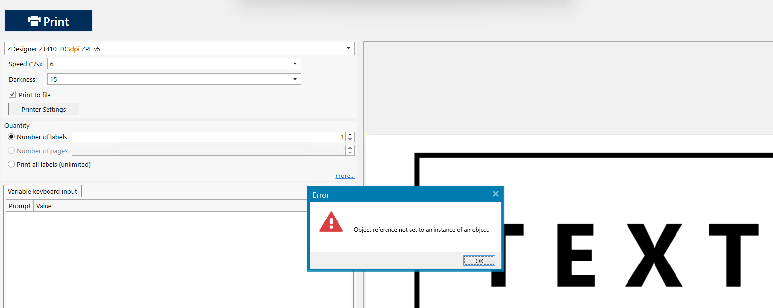 Erro do ZebraDesigner 3: Referência de objeto não definida para