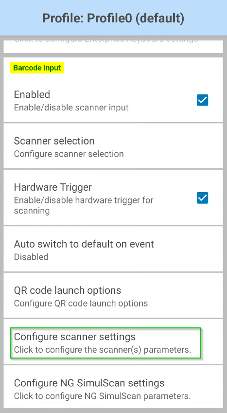 DataWedge: 1D Inverse Barcode Decodering inschakelen
