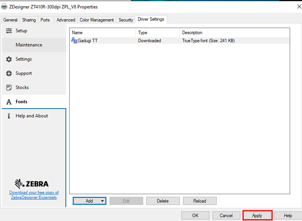 Downloading Windows Fonts to a Printer via ZDesigner V10
