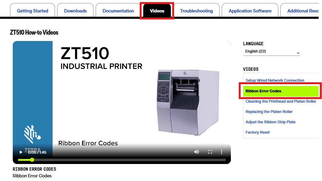ZT510 'Ribbon In' Error Code Video