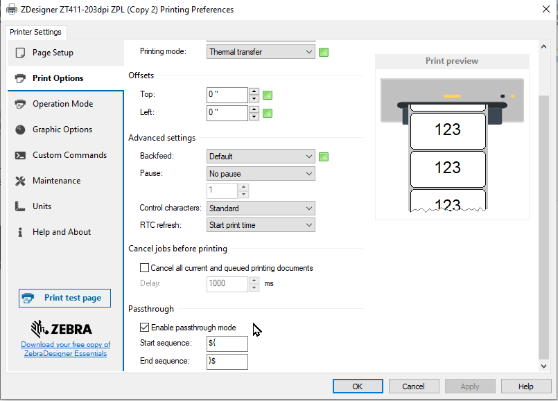 Using Pass-through Mode for Printer Code with the ZDesigner Driver