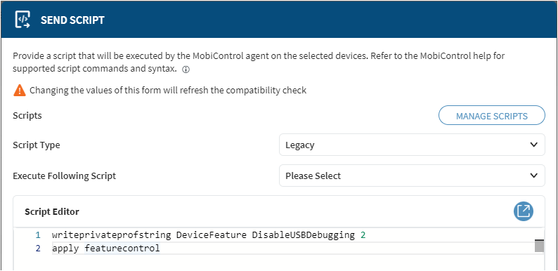 Enabling USB Debugging (Developer Options) Using SOTI MobiControl