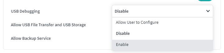 Abilitazione del debug USB (Opzioni sviluppatore) tramite SOTI MobiControl
