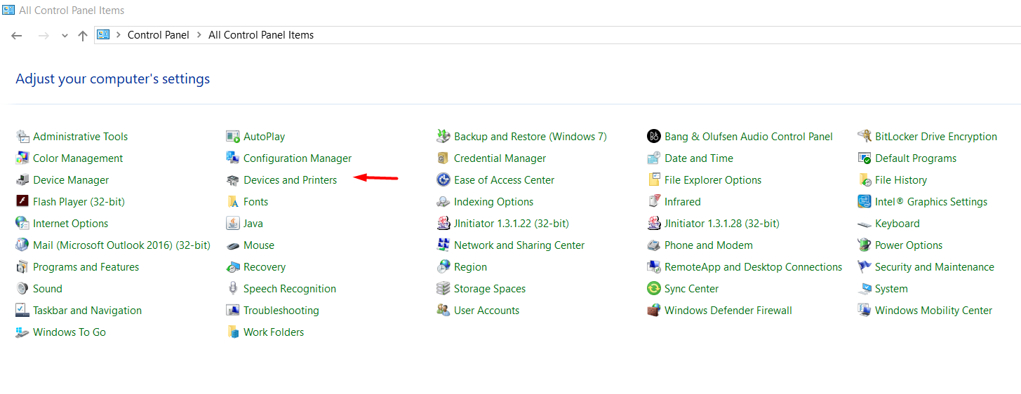 Windows 10 Devices and Printers pentru instalarea unei imprimante Zebra