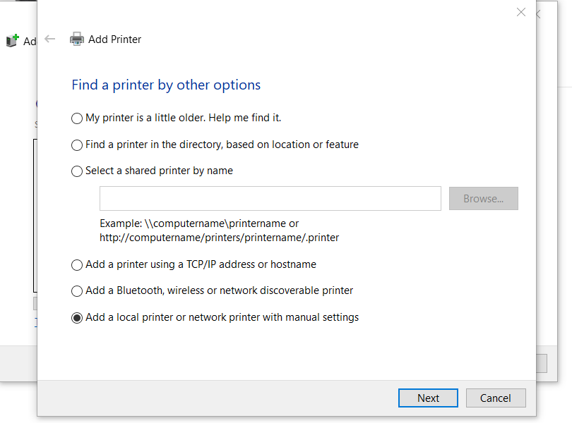 Adăugare manuală imprimantă locală sau de rețea în Windows 10