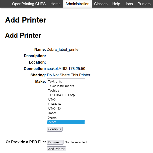 Adding a Zebra Printer in a CUPS Printing System