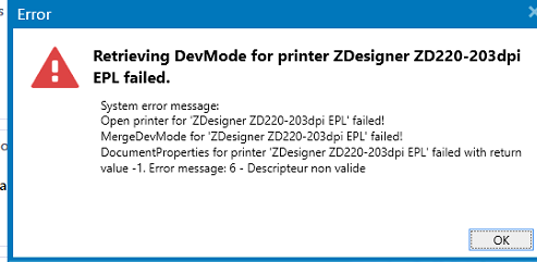 ZebraDesigner 3: Error Message Retrieving DevMode for Printer