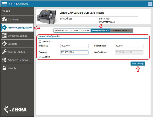 Configureer een bekabelde printserver op de ZXP9-printer.